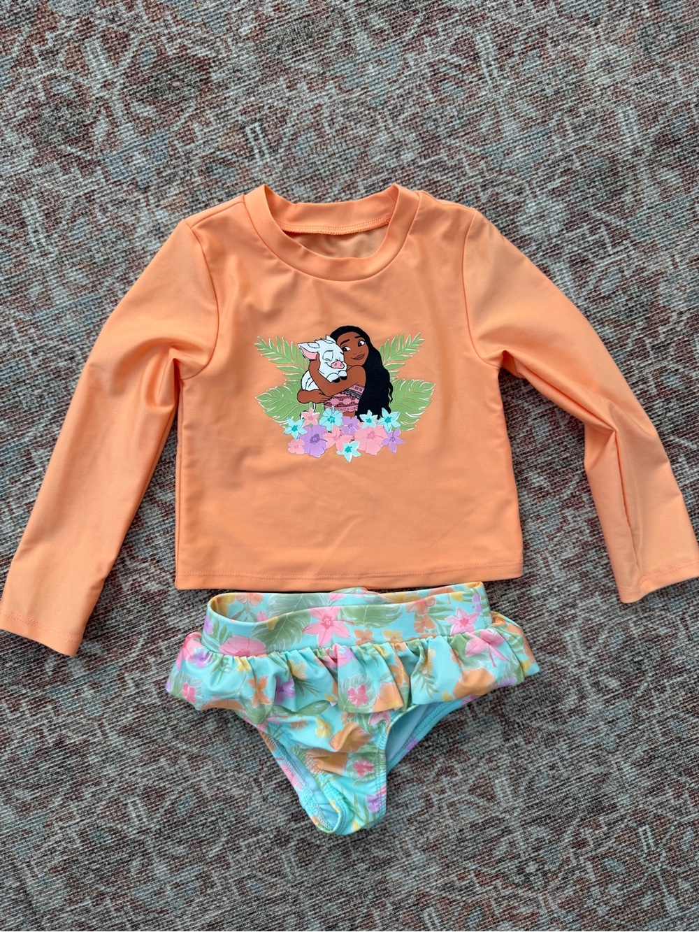 Kids Moana Orange Rash Guard Two-Piece Swim Set with Floral Bikini